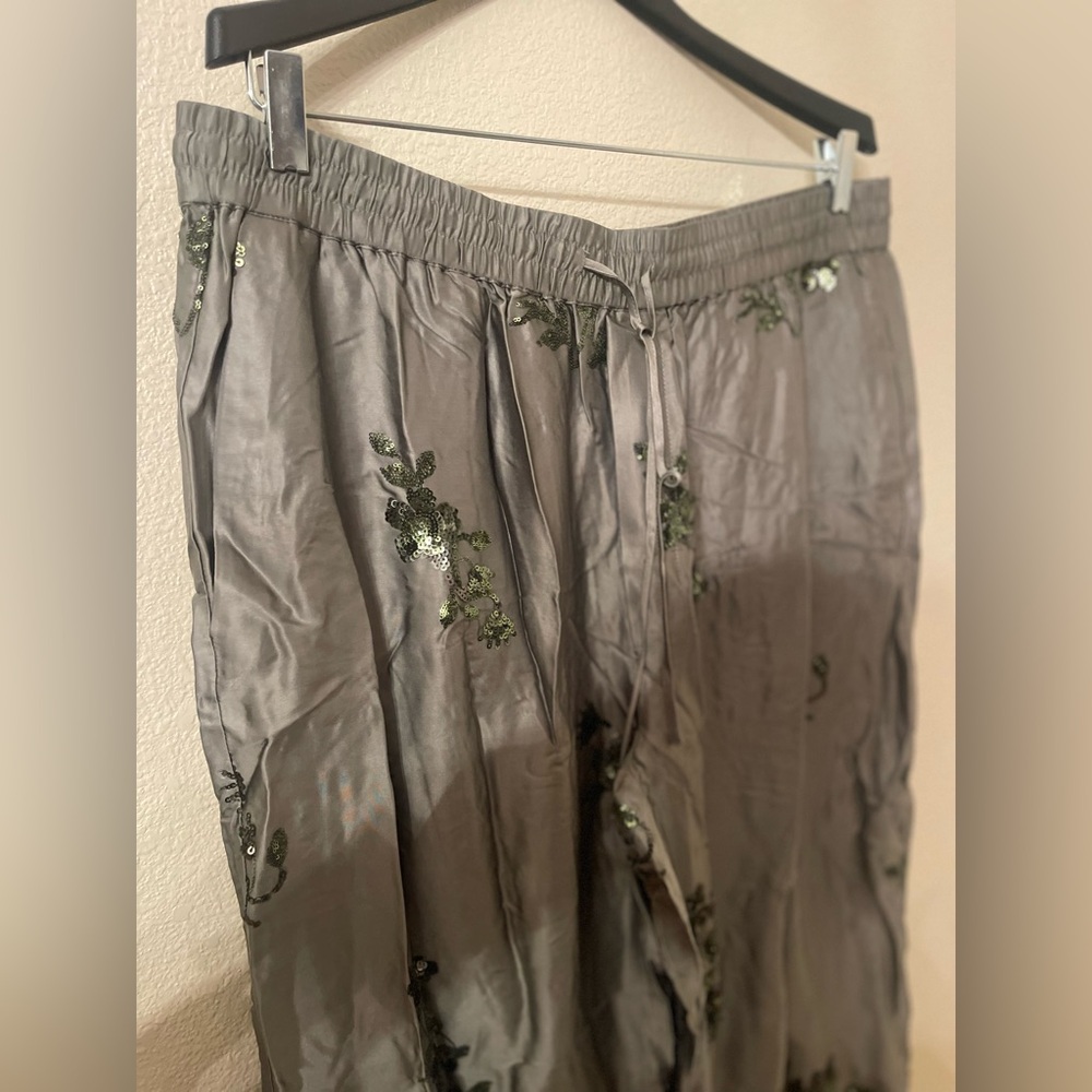 Zara sequin satin effect Embroidered sequin Olive Green Satin Pants NWT XXL - Picture 7 of 10